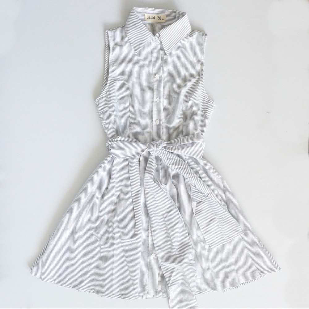 Leibl ‘38 Button Down Pinstripes Tie Waist A-line Collared Mini Dress, XS